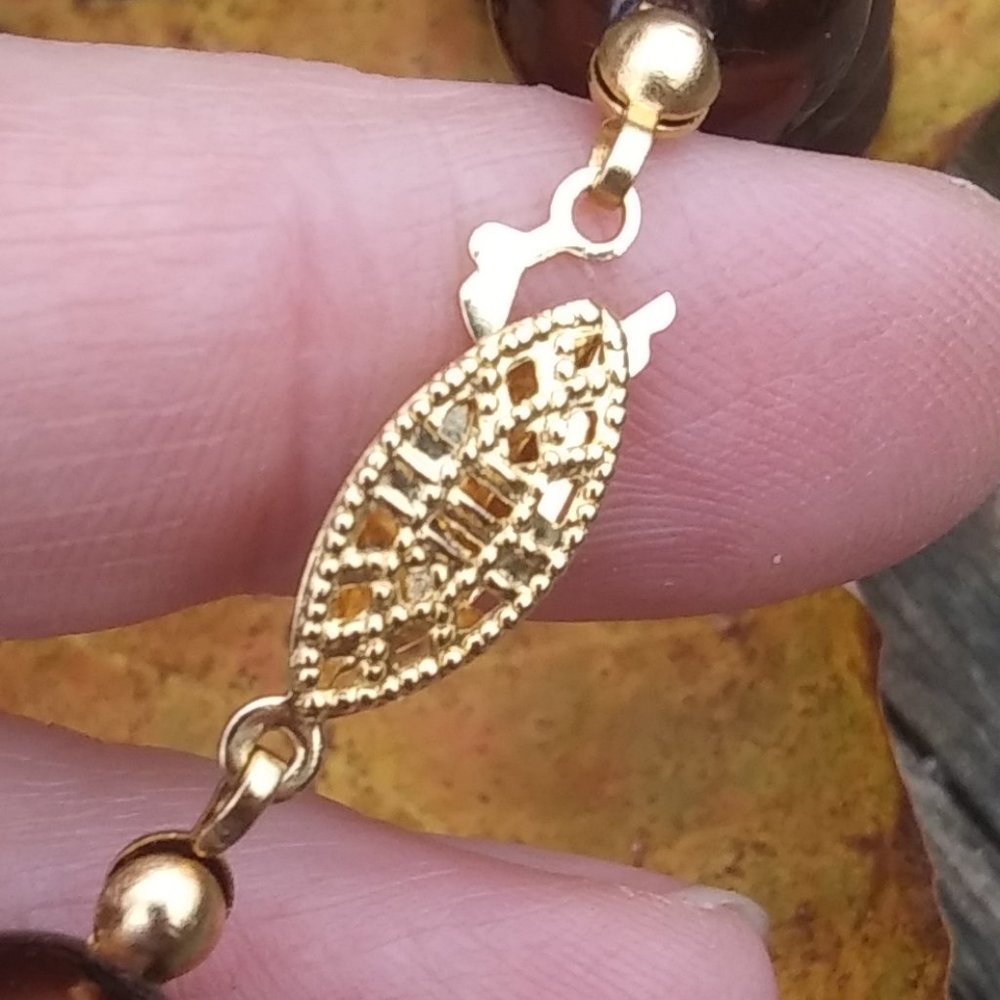 brown faux pearl knotted necklace fishhook clasp with filigree detail classic - Picture 12 of 16